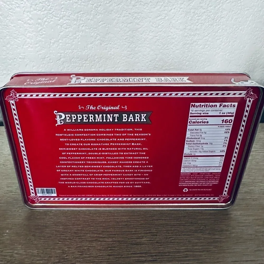 Williams Sonoma Peppermint Bark Vintage Candy Cane Christmas Tin Decor